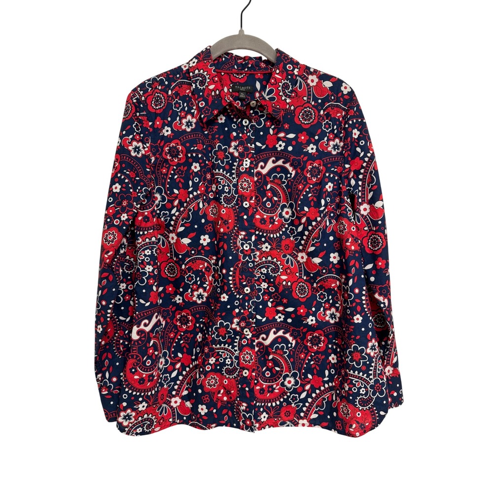 Talbots  Navy Blue Red Picnic Paisley Floral Cotton Button Down Shirt PM